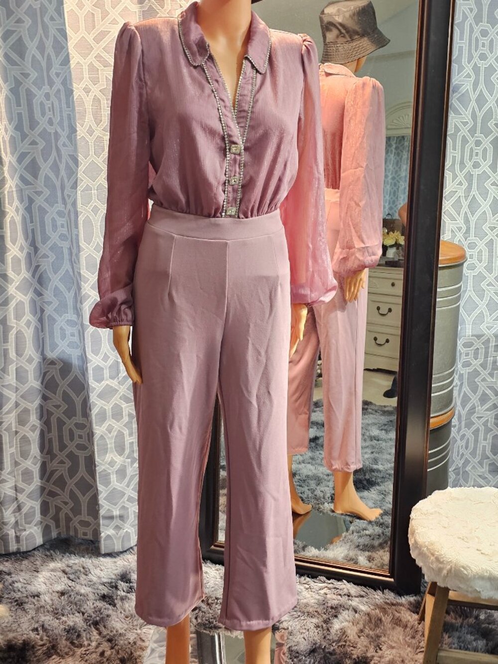 Valentine Mauve Pink Rhinestone‑Trim One‑Piece Jumpsuit – Size M
